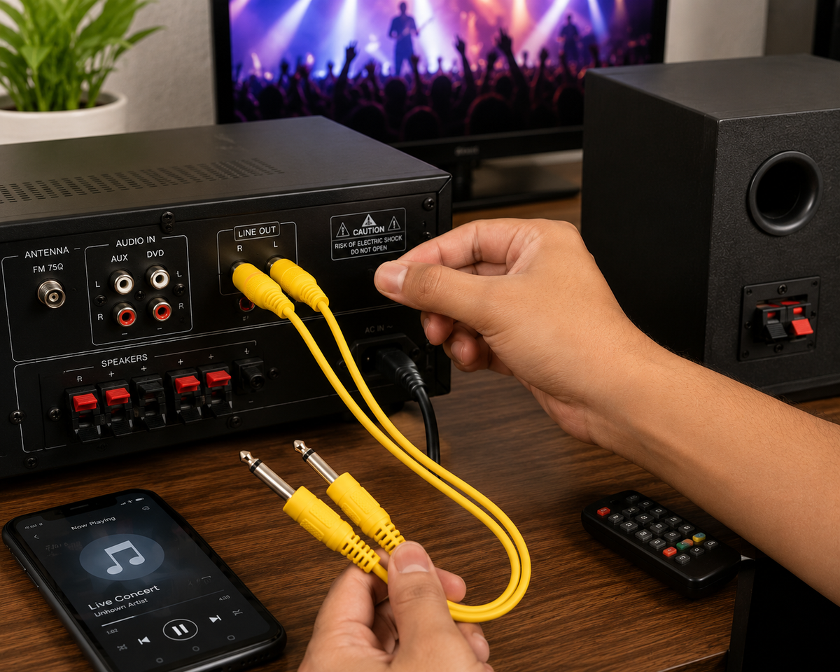 MR 2 Mono to 2 RCA Audio Cable Yellow PVC | Dual 6.35mm Mono to Dual RCA Male Cable | For Amplifier, Mixer, Speaker & Audio Equipment