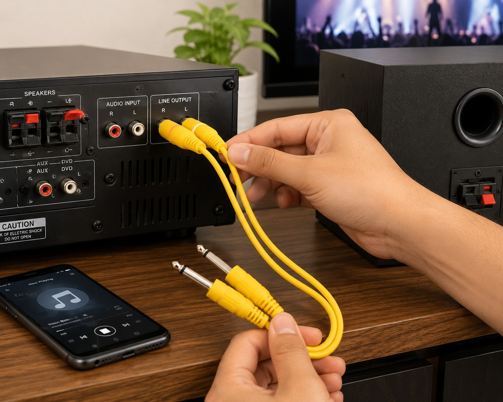 MR 2 Mono to 2 RCA Audio Cable Yellow PVC | Dual 6.35mm Mono to Dual RCA Male Cable | For Amplifier, Mixer, Speaker & Audio Equipment