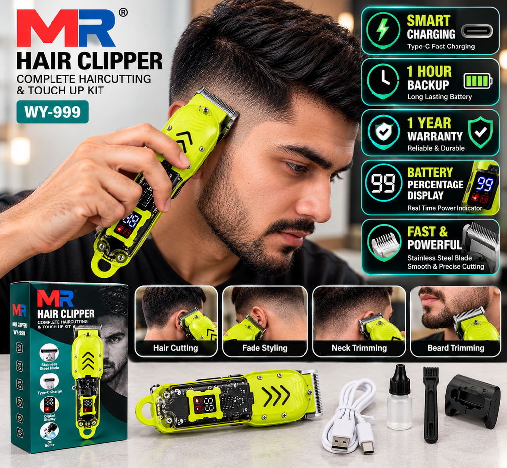 MR WY-999 Hair Clipper for Men | Professional Hair Cutting & Beard Trimmer | Stainless Steel Blade | Type-C Charging | Digital Display | Green