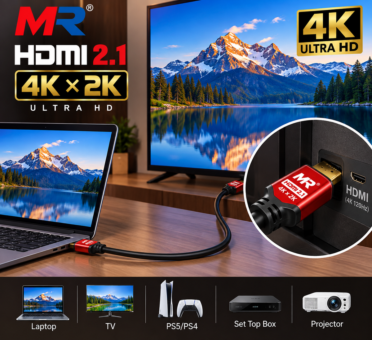 MR 4K HDMI Cable | High Speed HDMI Cable | 4K Ultra HD | 24K Gold Plated Connectors | HDMI to HDMI Cable for TV, Monitor, Laptop, Projector & PS