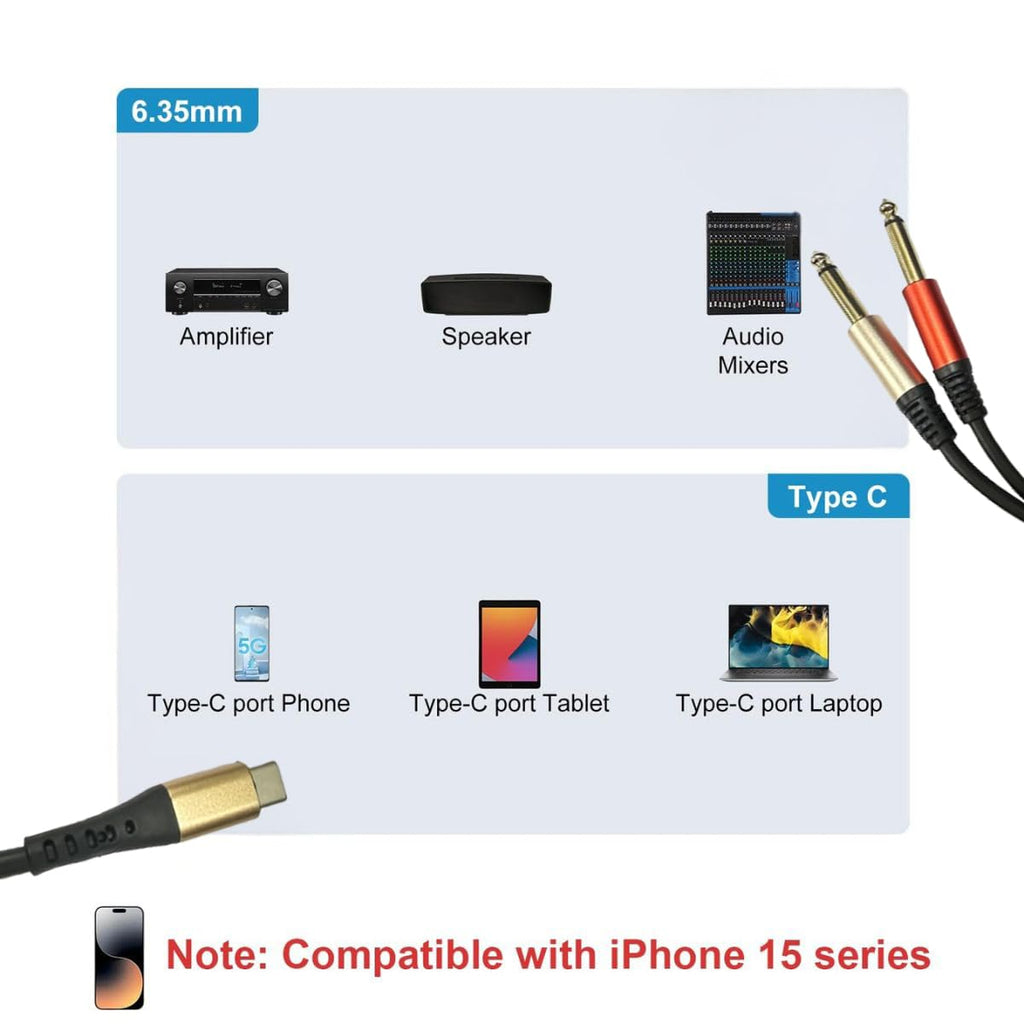 MR Type C to 2 Mono Audio Cable | USB Type-C to Dual 6.35mm Mono Jack Cable | Stereo to Dual Mono Audio Cable for Mixer, Amplifier & Audio Equipment Description