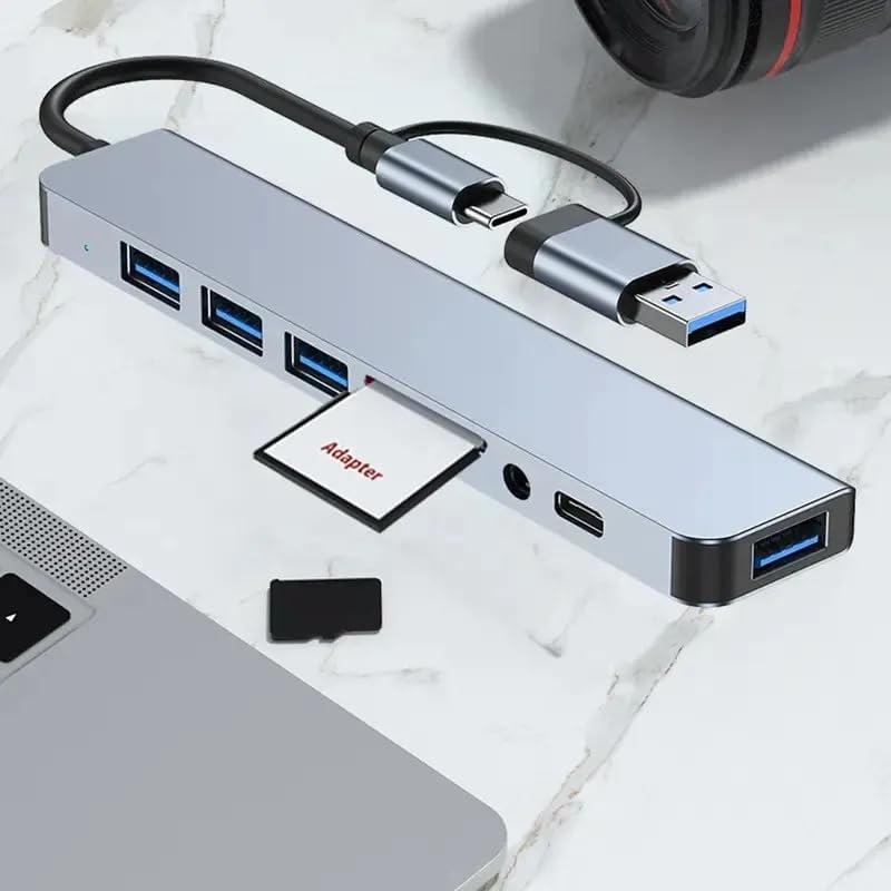 MR 8-in-1 USB Hub | USB-A & USB-C Dual Plug | USB 3.0 + 3× USB 2.0 | SD & TF Card Reader | USB-C Port & 3.5mm Audio | 5Gbps Data Transfer