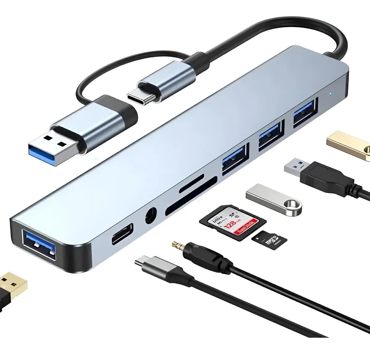 MR 8-in-1 USB Hub | USB-A & USB-C Dual Plug | USB 3.0 + 3× USB 2.0 | SD & TF Card Reader | USB-C Port & 3.5mm Audio | 5Gbps Data Transfer