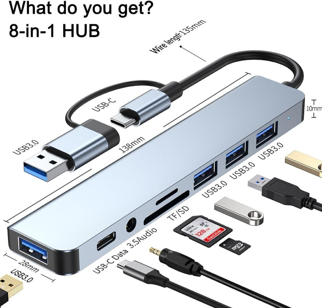 MR 8-in-1 USB Hub | USB-A & USB-C Dual Plug | USB 3.0 + 3× USB 2.0 | SD & TF Card Reader | USB-C Port & 3.5mm Audio | 5Gbps Data Transfer