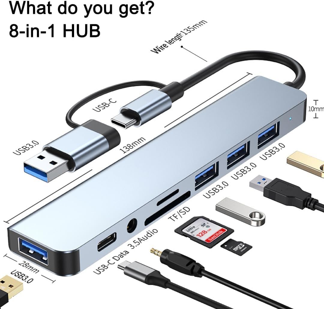 MR 8-in-1 USB Hub | USB-A & USB-C Dual Plug | USB 3.0 + 3× USB 2.0 | SD & TF Card Reader | USB-C Port & 3.5mm Audio | 5Gbps Data Transfer