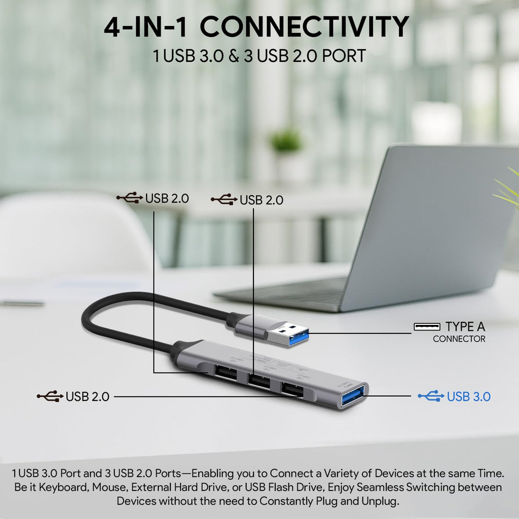 MR USB Extension Hub Metal | USB 2.0 High-Speed 4 Port Hub | Multi USB Port Adapter for PC, Laptop, Keyboard, Mouse, Printer & Other USB Devices
