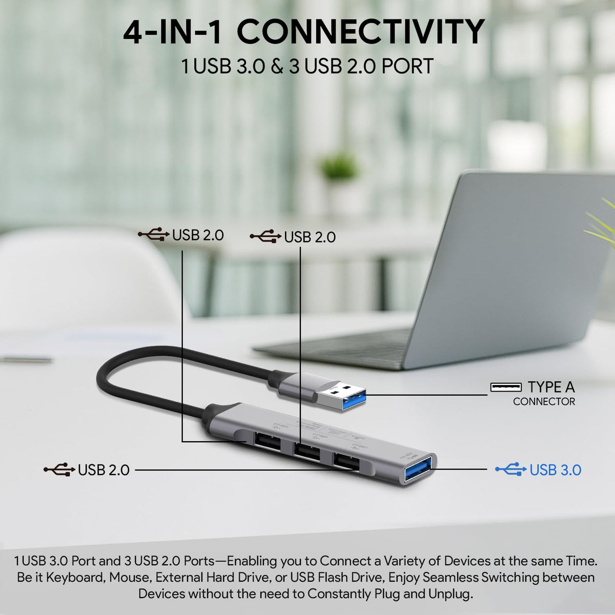 MR USB Extension Hub Metal | USB 2.0 High-Speed 4 Port Hub | Multi USB Port Adapter for PC, Laptop, Keyboard, Mouse, Printer & Other USB Devices