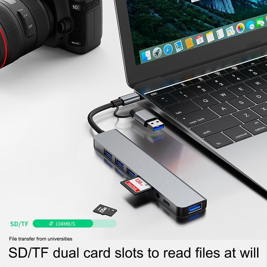 MR 8-in-1 USB Hub | USB-A & USB-C Dual Plug | USB 3.0 + 3× USB 2.0 | SD & TF Card Reader | USB-C Port & 3.5mm Audio | 5Gbps Data Transfer