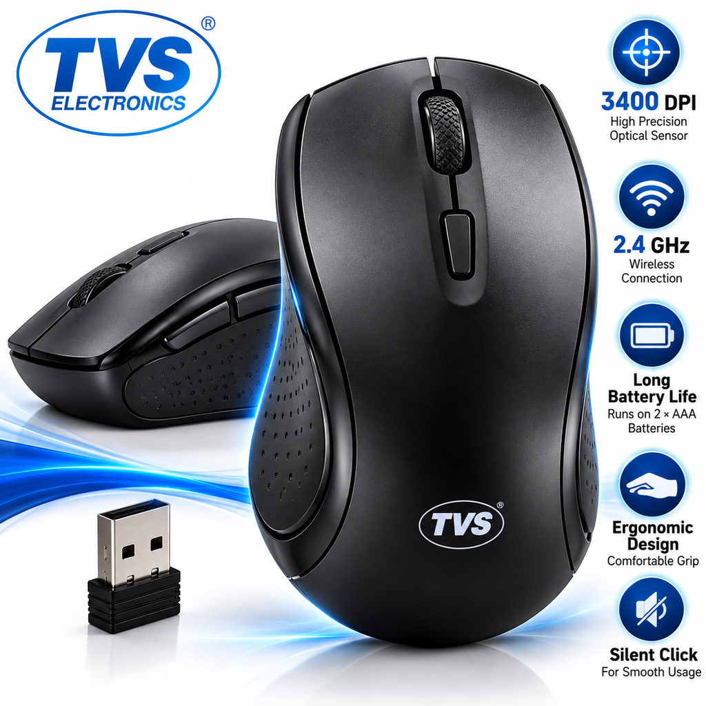 TVS Wireless Mouse 3400 DPI | 2.4GHz Wireless Optical Mouse | Ergonomic Design | Side Buttons | USB Nano Receiver | For PC, Laptop & Computer ( Refurbished )