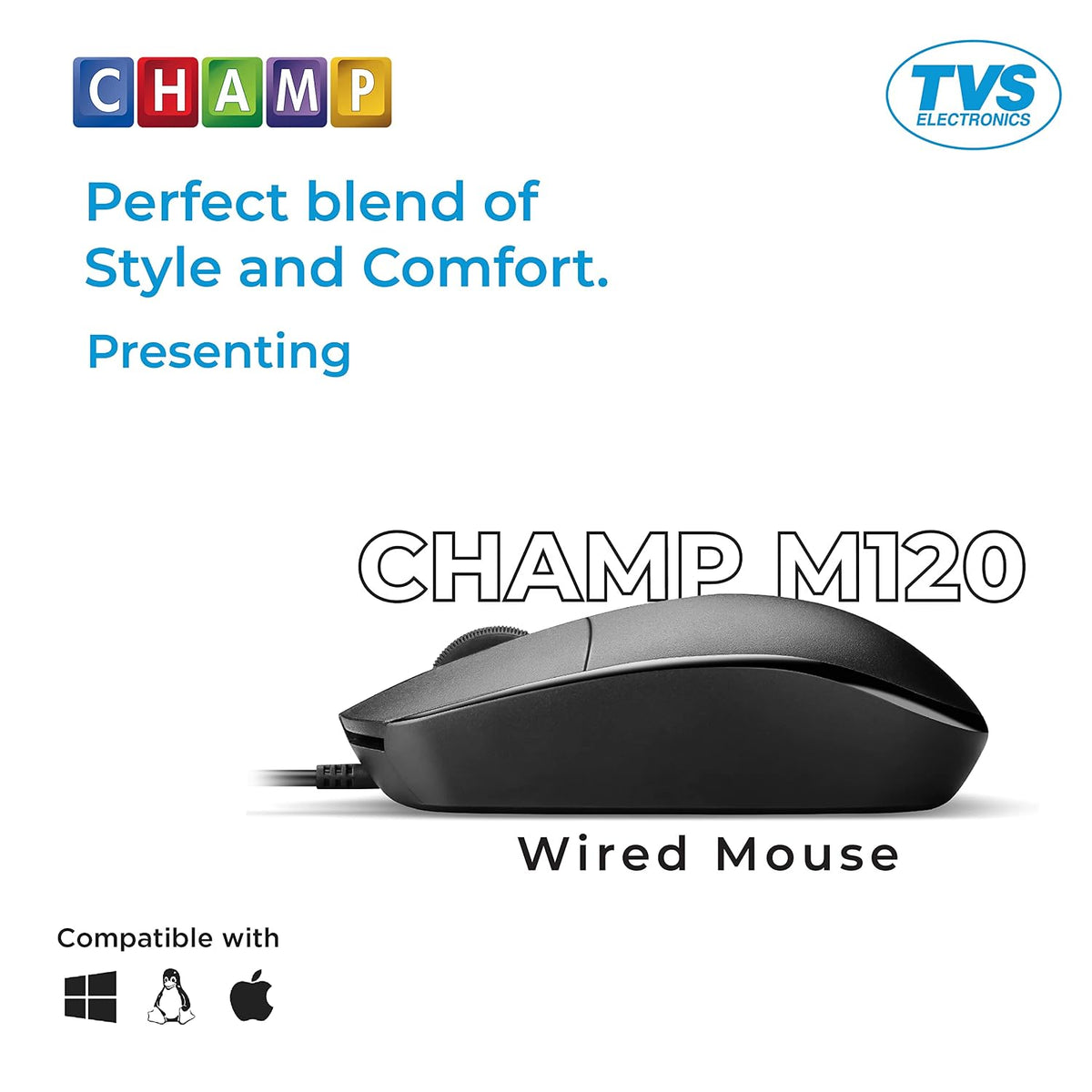 TVS ELECTRONICS Champ M120 Wired Optical Mouse with 1200 DPI Resolutions | 3 Handy Buttons with 1.5 Million Durable Clicks | Fast Moving Scroll Wheel, Plug and Play USB Mouse for Windows/Mac