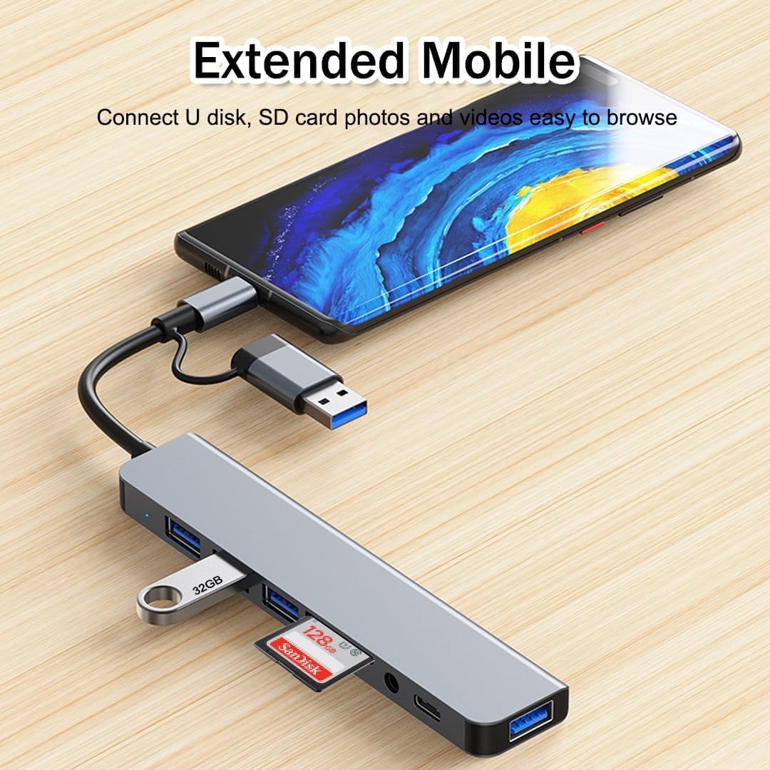 MR 8-in-1 USB Hub | USB-A & USB-C Dual Plug | USB 3.0 + 3× USB 2.0 | SD & TF Card Reader | USB-C Port & 3.5mm Audio | 5Gbps Data Transfer