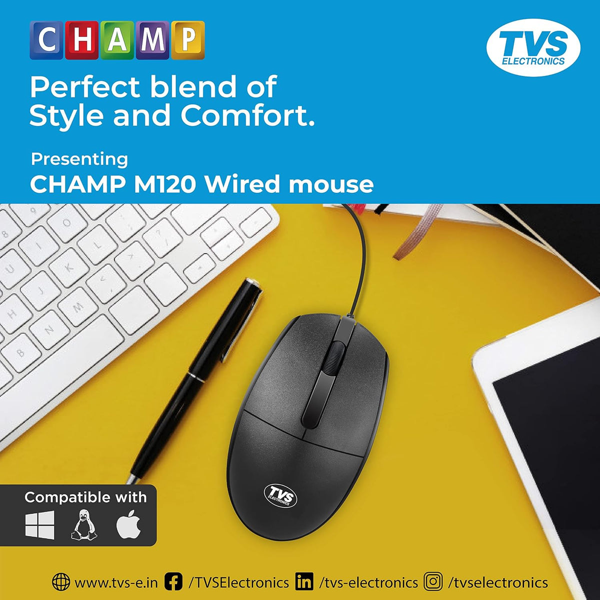 TVS ELECTRONICS Champ M120 Wired Optical Mouse with 1200 DPI Resolutions | 3 Handy Buttons with 1.5 Million Durable Clicks | Fast Moving Scroll Wheel, Plug and Play USB Mouse for Windows/Mac
