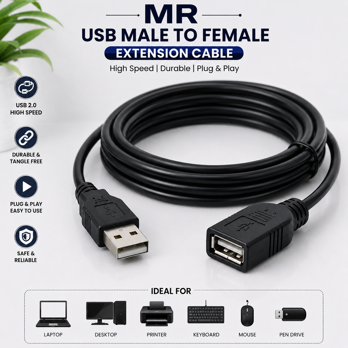 MR USB Extension Cable | USB 2.0 Male to Female Extension Cable | High Speed Data Transfer & Charging Cable | For PC, Laptop, Printer, Keyboard, Mouse & USB Devices