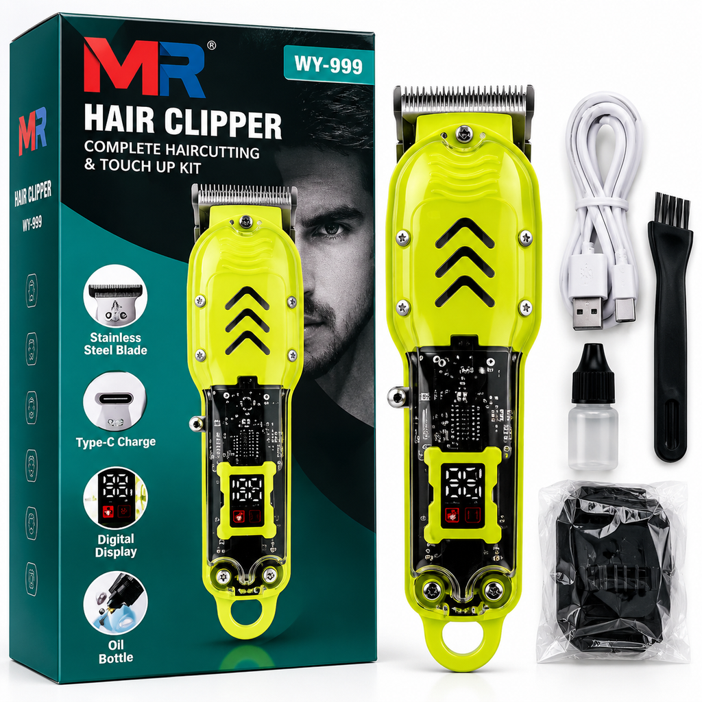 MR WY-999 Hair Clipper for Men | Professional Hair Cutting & Beard Trimmer | Stainless Steel Blade | Type-C Charging | Digital Display | Green