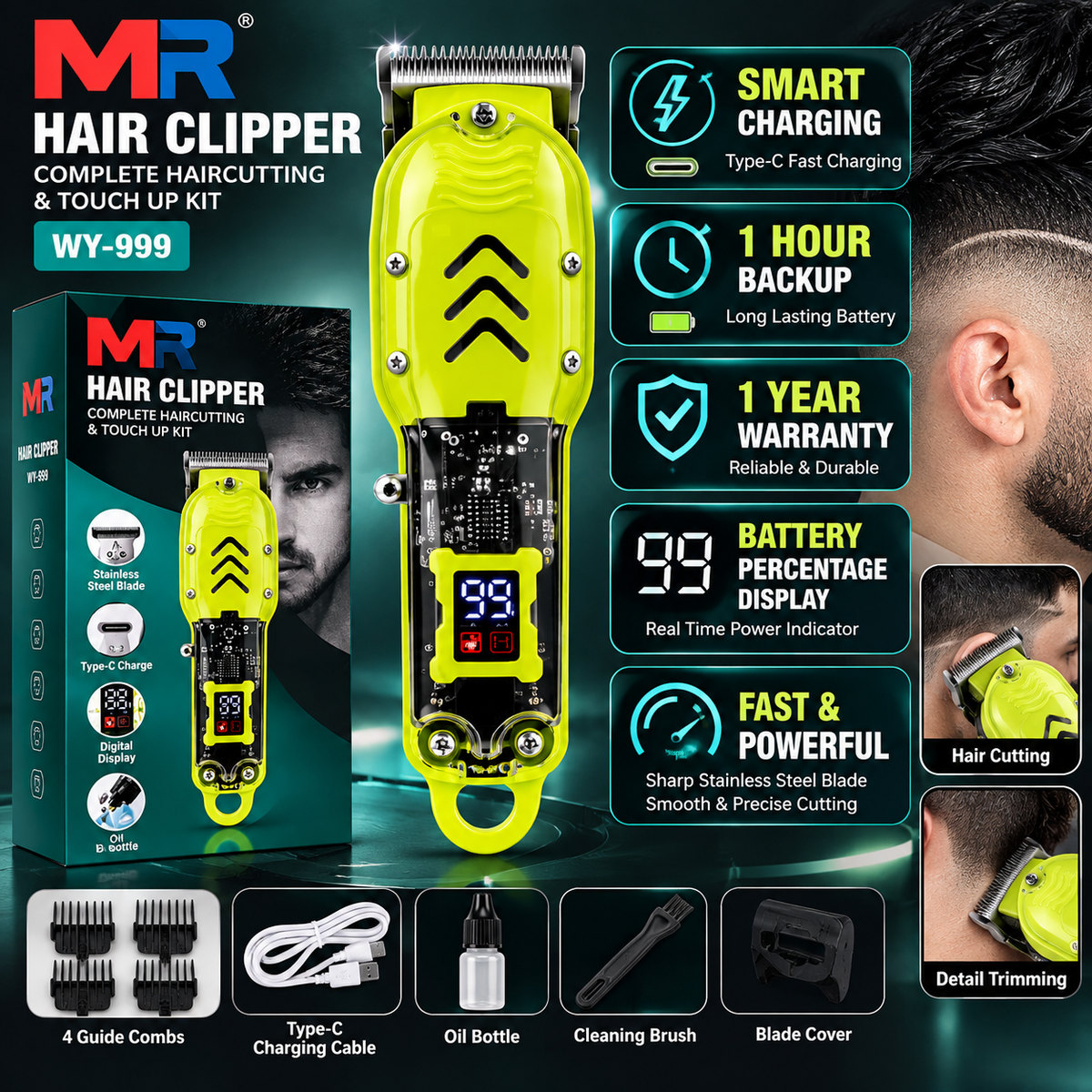 MR WY-999 Hair Clipper for Men | Professional Hair Cutting & Beard Trimmer | Stainless Steel Blade | Type-C Charging | Digital Display | Green