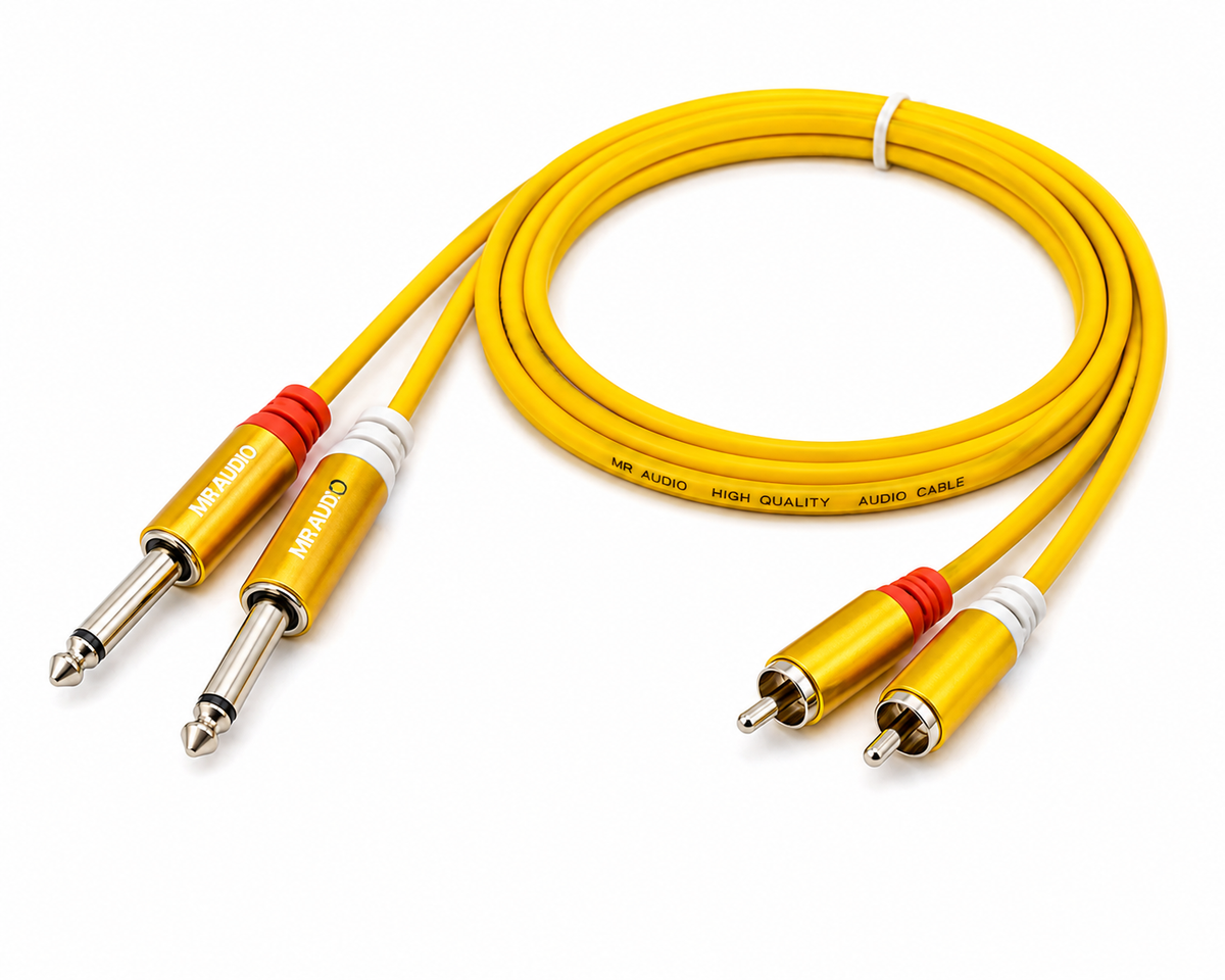 MR 2 Mono to 2 RCA Audio Cable Yellow PVC | Dual 6.35mm Mono to Dual RCA Male Cable | For Amplifier, Mixer, Speaker & Audio Equipment