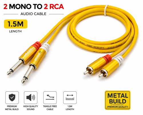 MR 2 Mono to 2 RCA Audio Cable Yellow PVC | Dual 6.35mm Mono to Dual RCA Male Cable | For Amplifier, Mixer, Speaker & Audio Equipment