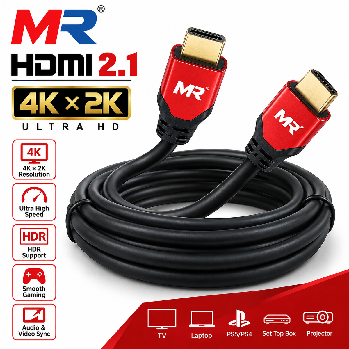 MR 4K HDMI Cable | High Speed HDMI Cable | 4K Ultra HD | 24K Gold Plated Connectors | HDMI to HDMI Cable for TV, Monitor, Laptop, Projector & PS