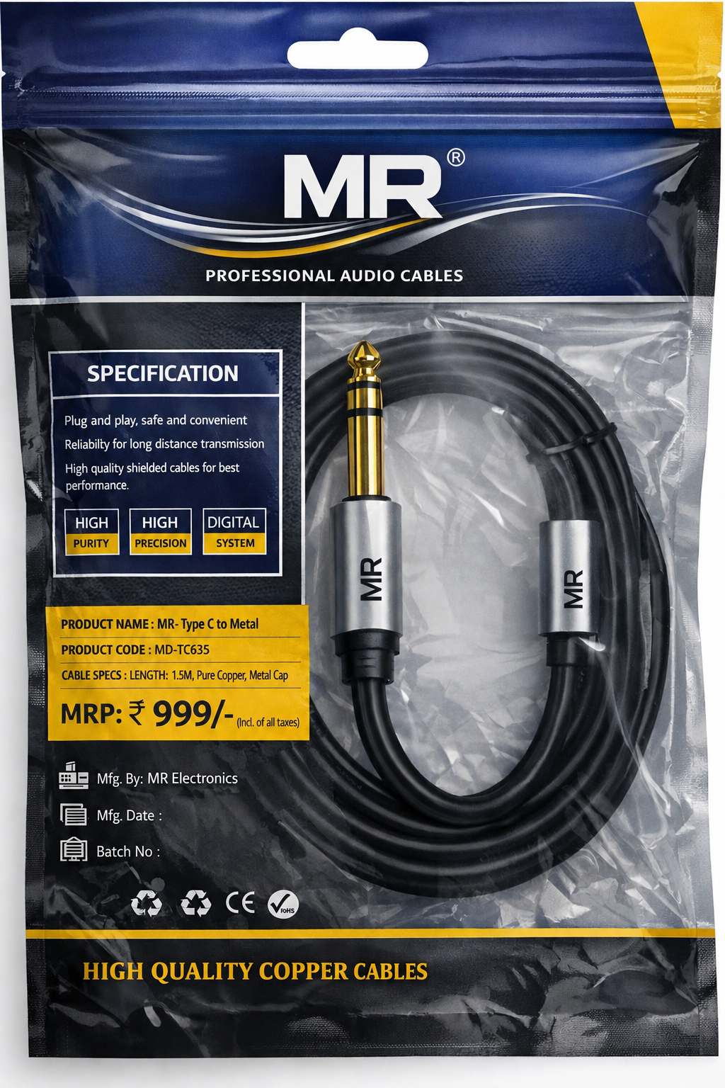 MR Type C to Mono Audio Cable | USB Type-C to 6.35mm Mono Cable | Metal Connector | For Mixer, Amplifier, Speaker & Audio Equipment