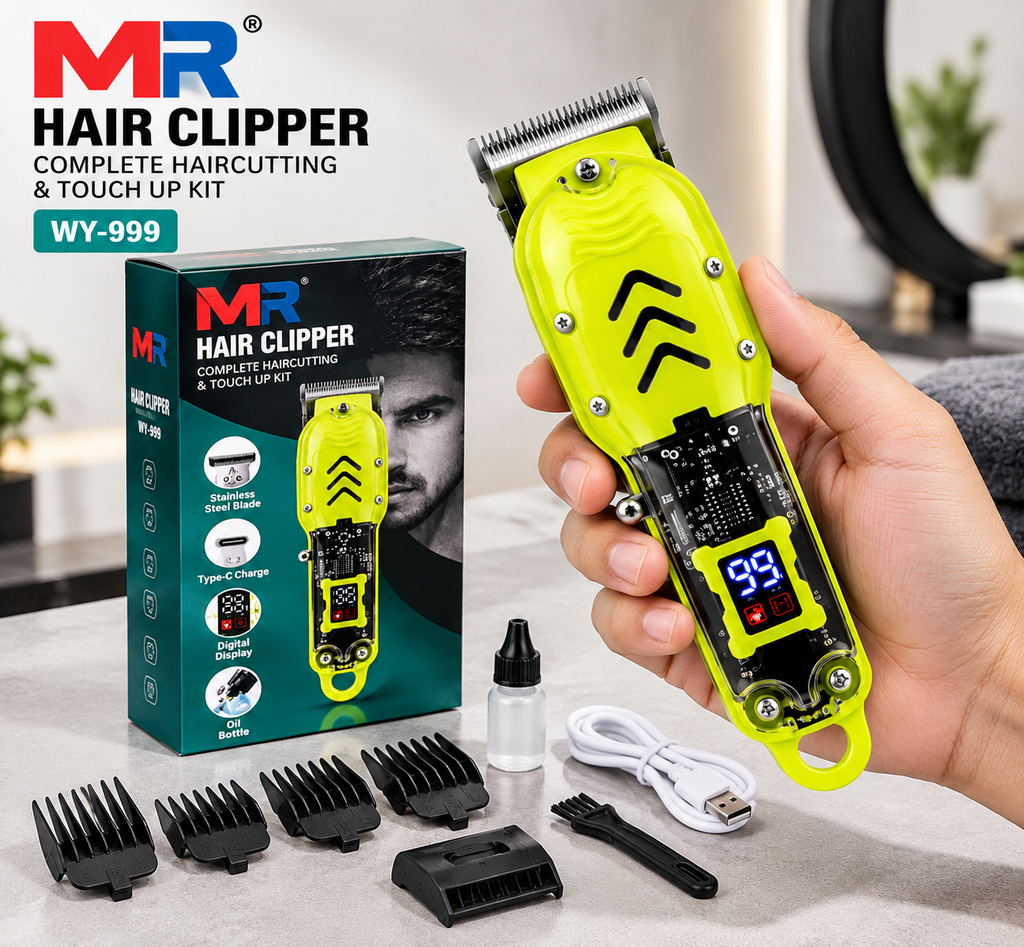 MR WY-999 Hair Clipper for Men | Professional Hair Cutting & Beard Trimmer | Stainless Steel Blade | Type-C Charging | Digital Display | Green