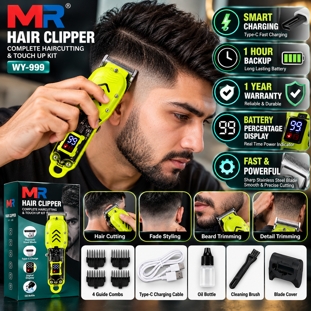 MR WY-999 Hair Clipper for Men | Professional Hair Cutting & Beard Trimmer | Stainless Steel Blade | Type-C Charging | Digital Display | Green